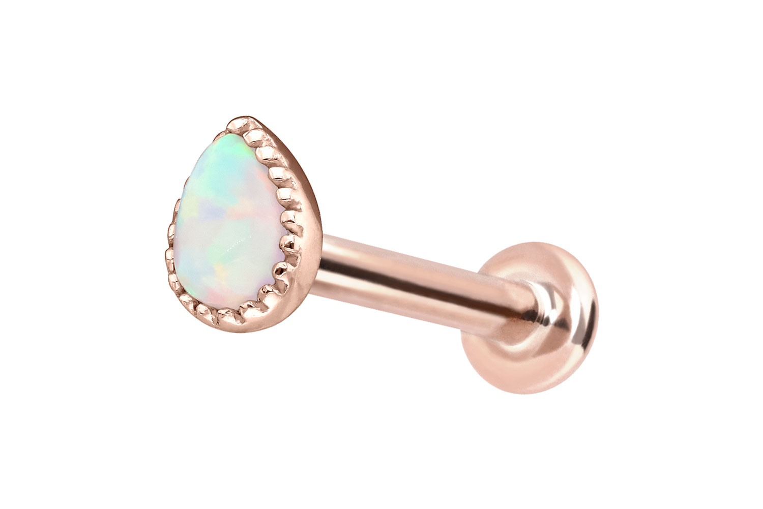 14 Karat Gold Labret Piercing mit Push Fit SYNTHETISCHER OPALTROPFEN
